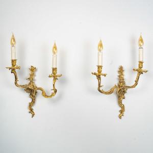 Pair Of Sconces With Two Arms Of Light Decorated With A Chinese Couple In Gilt Bronze Circa 1850