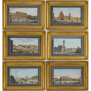 Six Gravures Rehaussées à La Gouache Représentant Florence Italie Vers 1810-1820