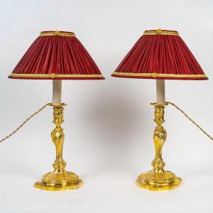 Pair Of Rocaille Candlesticks Mounted In Chiseled Gilt Bronze Lamps In The Louis XV Style