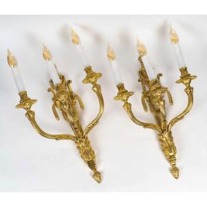 Pair Of Louis XVI-style Three-light Sconces In Chiseled And Gilt Bronze Circa 1880