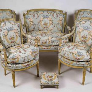 Louis XVI Period Set Of Seats Composed By Sofa And Four Armchairs In Lacquered Wood Circa 1780