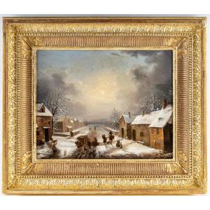 Louis-claude Malbranche (1790-1838) Scene Of Country Life In The Snow Oil On Canvas