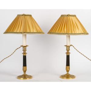 Paire De Bougeoirs D’époque Empire En Bronze Patiné Et Doré Montés en lampes Vers 1810