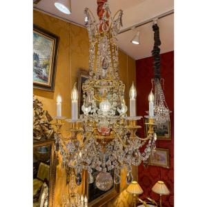Lustre Marie-antoinette De Style Louis XVI En Bronze Doré à Décor De Cristal Signé Baccarat