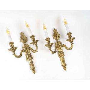 Pair Of Louis XVI Style Chiseled Bronze Two-light Wall Sconces
