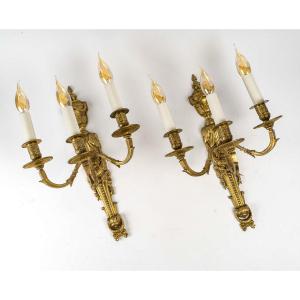 Pair Of Louis XVI Style Chiseled Bronze Three-light Wall Sconces
