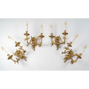 Set Of Four Chiseled Bronze Two-light Sconces Italy Circa 1850