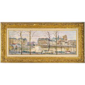 Serge Belloni (1925-2005) Pont Louis Philippe, les Quais de Seine et Notre-Dame huile sur bois
