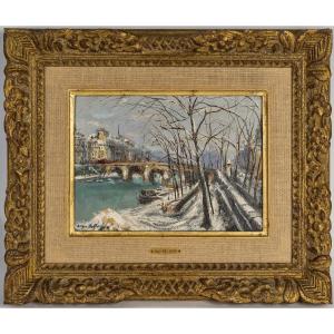 Serge Belloni (1925-2005) - The Pont Marie Under The Snow Oil On Panel Dated 1969