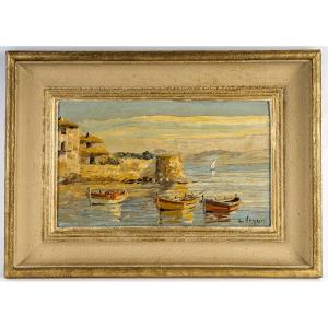 Louis Jacques Vigon (1897–1985) Vieux port de la Ponche Saint-Tropez, huile sur panneau 1950