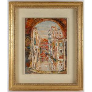 Serge Belloni (1925-2005) Vue d’une Ruelle Fleurie à Venise huile sur panneau vers 1980