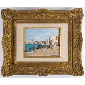 Serge Belloni (1925-2005) Venise Riva degli Schiavoni Huile sur Bois Vers 1970
