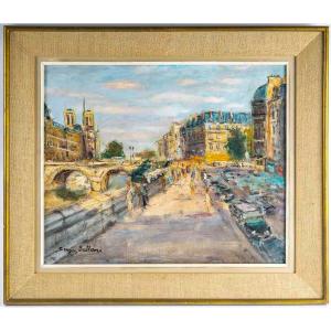 Serge Belloni (1925-2005) - Paris The Pont Saint Michel And Notre-dame Oil On Canvas Circa 1970