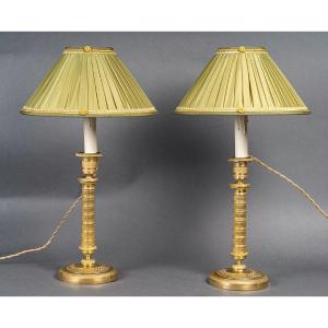 Pair Of Empire Period Patinated And Gilt Bronze Candlesticks Mounted As Lamps Circa 1810