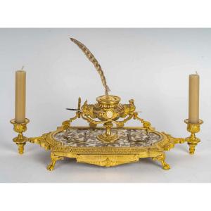 Ferdinand Duvinage Bronze And Marquetry Inkwell On An Ivory Ground, Maison Alphonse Giroux