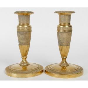 Pair Of Small Empire-era "ragot" Candlesticks In Chiseled And Gilt Bronze, C. 1805-1815