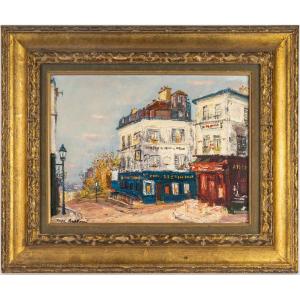 Serge Belloni (1925-2005) - Le Café de la Rue des Saules en Automne huile sur bois vers 1980