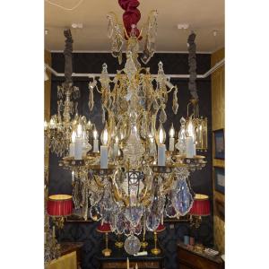 Lustre cage « Oeil de Boeuf » dans le style Louis XV en Bronze Doré et Cristal Taillé vers 1880