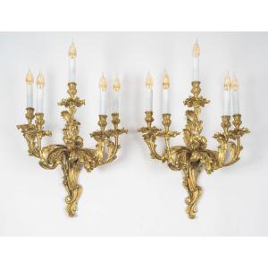 A Large Pair Of Louis XV-style Five-light Wall Sconces In Gilt Bronze, C. 1890–1900