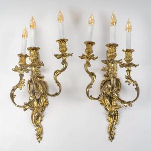 Paire de grandes appliques à trois bras de lumières Louis XV Rocaille en bronze doré vers 1850