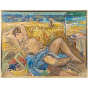 André Planson (1898–1981) – Reclining Nude In A Wheat Field, Oil On Canvas
