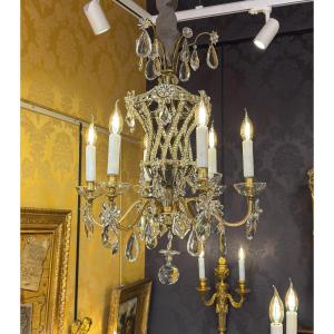 Lustre cage torsadé en bronze doré et cristal taillé, Maison Baguès vers 1920