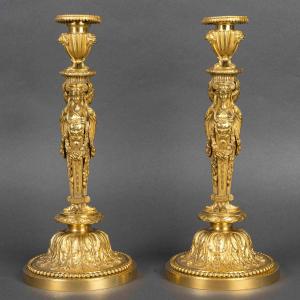 Pair Of Louis XVI Style Gilt Bronze Flambeaux, After Jean-démosthène Dugourc (1749–1825)