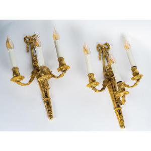 A Fine Pair Of Louis XVI-style Gilt-bronze Wall Sconces, C. 1850