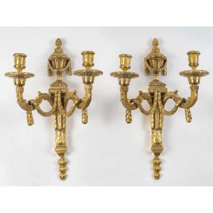 Pair Of Gilt Bronze Louis XVI Style Wall Sconces, Manufactured Circa 1820-1850