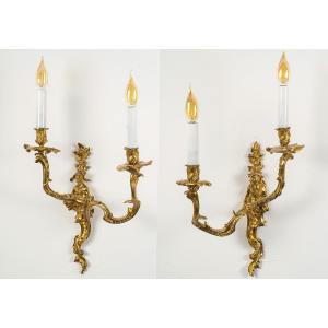 Pair Of Louis XV-style Gilt Bronze Wall Sconces, After Caffieri, C. 1850-1870