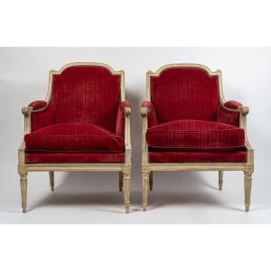 Pair Of Louis XVI Era Carved And Lacquered Beechwood Bergères, Red Velvet, C. 1780