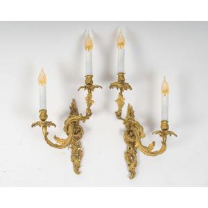 Pair Of Louis XV Period Gilt Bronze Wall Sconces, After Jacques Caffieri France, Circa 1750
