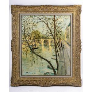 Serge Belloni (1925-2005) - Paris Le Pont Marie au printemps huile sur toile vers 1957