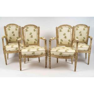 Set Of Four Louis XVI Cabriolet Armchairs Period In Painted Beech Circa 1770