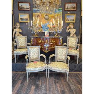 Série de quatre fauteuils en cabriolet d’époque Louis XVI en hêtre laqué vers 1780