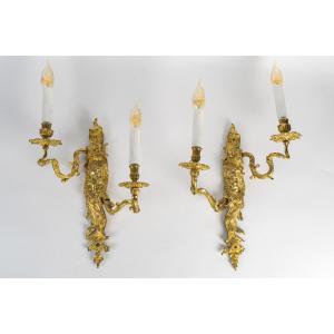 Pair Of Regence Period Gilt Bronze Wall Sconces With Putti Decor Manner Of Charles-andré Boulle