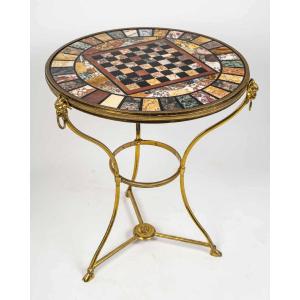 Guéridon échiquier en bronze doré et marqueterie de marbres, style Louis XVI, Florence 1880