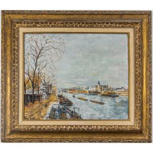 Serge Belloni (1925-2005) - The Banks Of The Seine The Station Embankments Oil On Wood C. 1972