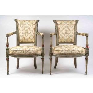 Pair Of Molded And Lacquered Green And Coral Wood Armchairs, Directoire Style, Circa 1850-1870
