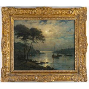 Georges Maroniez (1865-1933), Les Barques au clair de lune, huile sur panneau