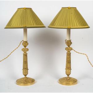 Pair Of Restauration Period Chiseled Gilt Bronze Candlesticks Mounted As Lamps Circa 1820