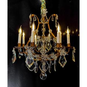 Lustre en fer forgé doré et cristal, Maison Baguès, vers 1900-1920
