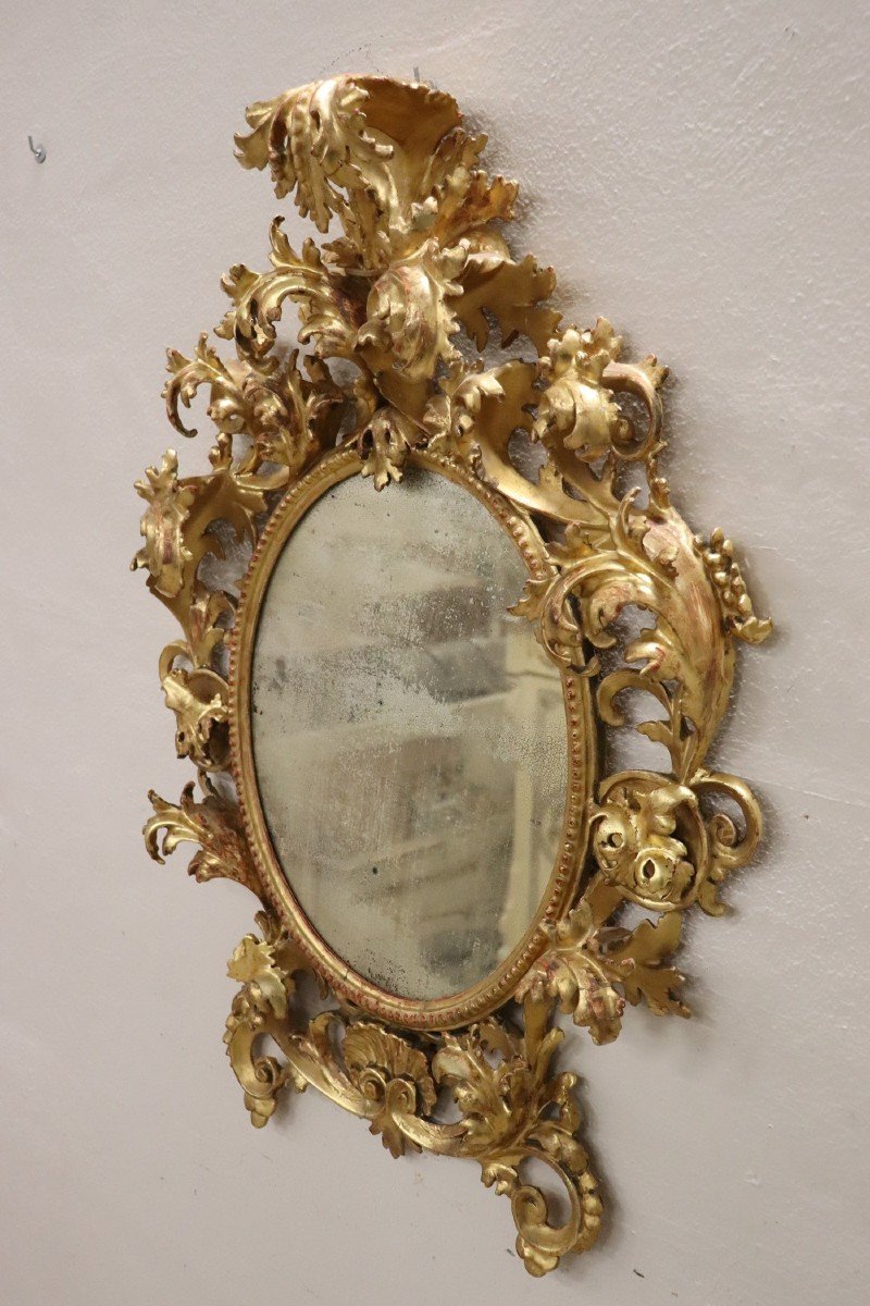 Miroir Mural Ovale En Bois Sculpté Et Doré, 18ème Siècle-photo-2