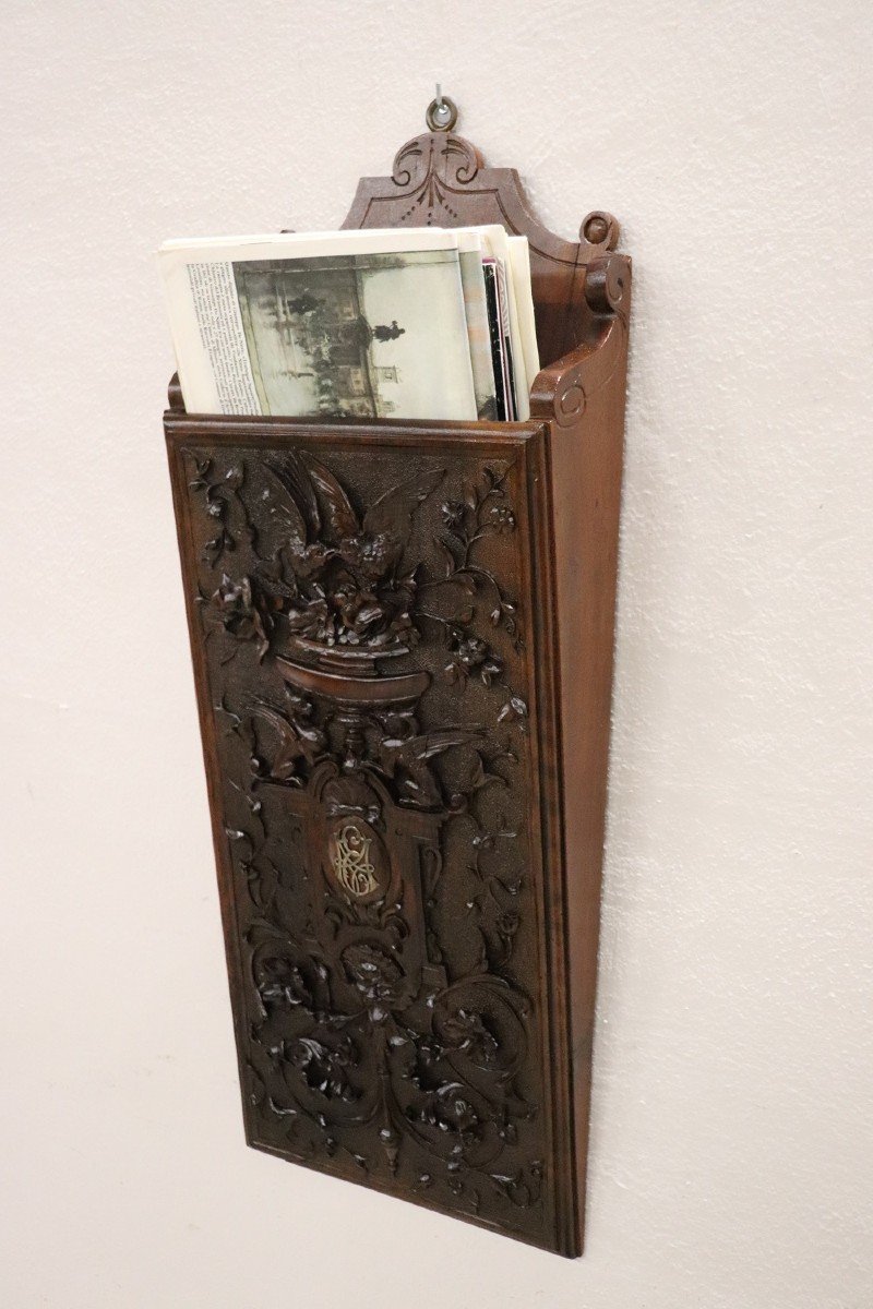 Antique Carved Walnut Magazine Rack, 19th Century-photo-6