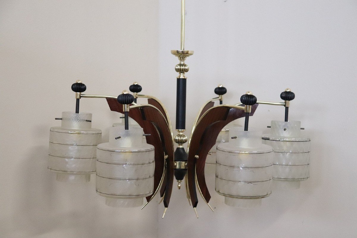 Mid-century Italian Glass Bowls, Wood, Brass And Black Lacquered Metal Chandelier, 1950s-photo-4