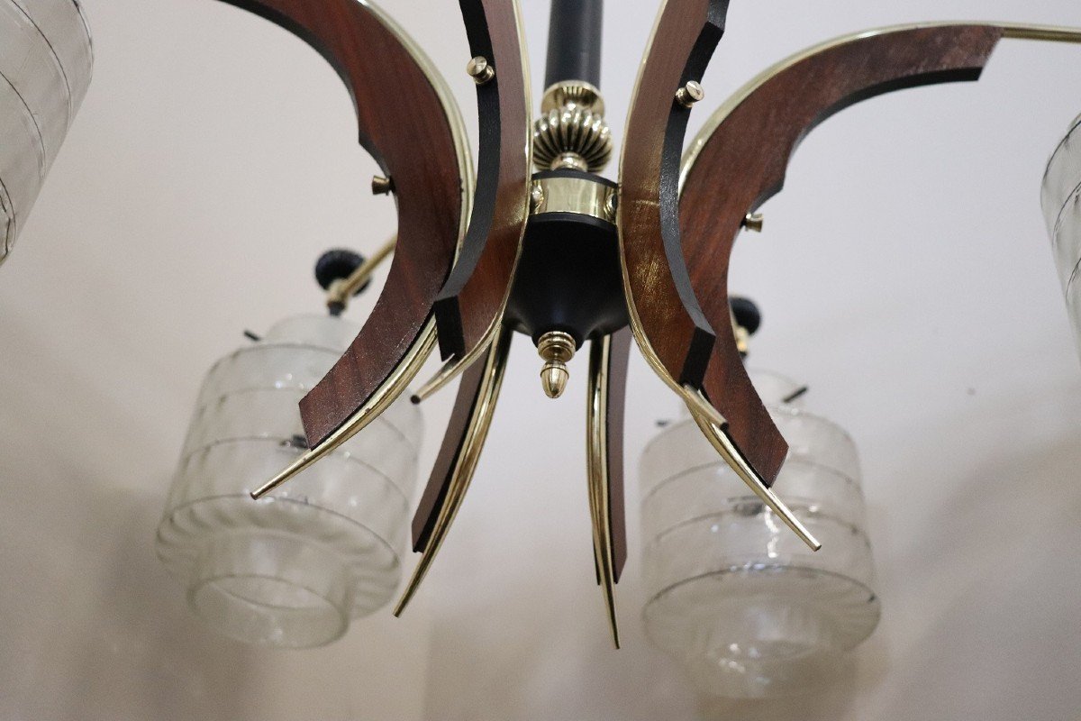 Mid-century Italian Glass Bowls, Wood, Brass And Black Lacquered Metal Chandelier, 1950s-photo-2