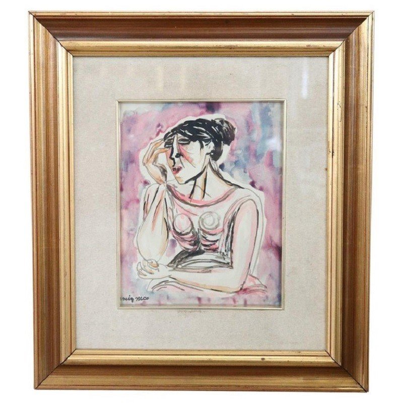  Migneco Giuseppe, Portrait De Femme, 1950s, Aquarelle Sur Papier