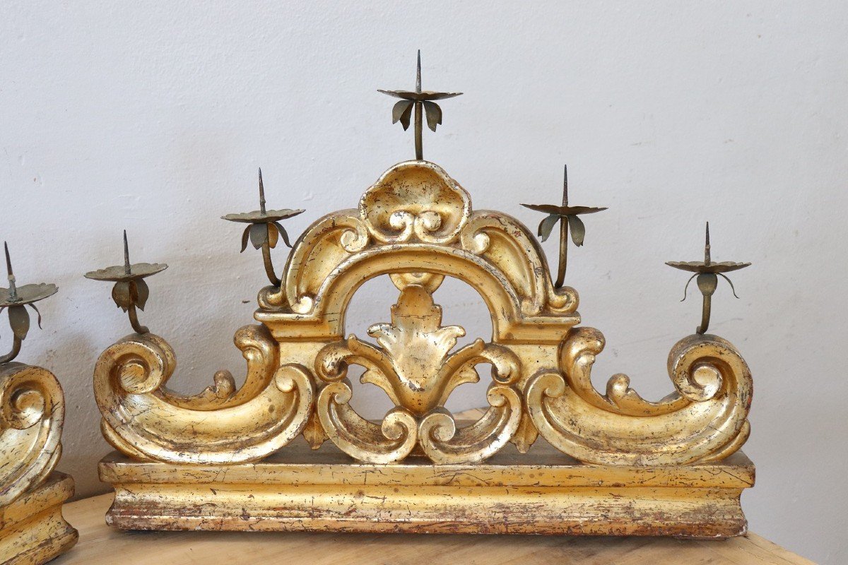 Antique Candleholders In Carved And Gilded Wood, 18th Century, Set Of 2-photo-3