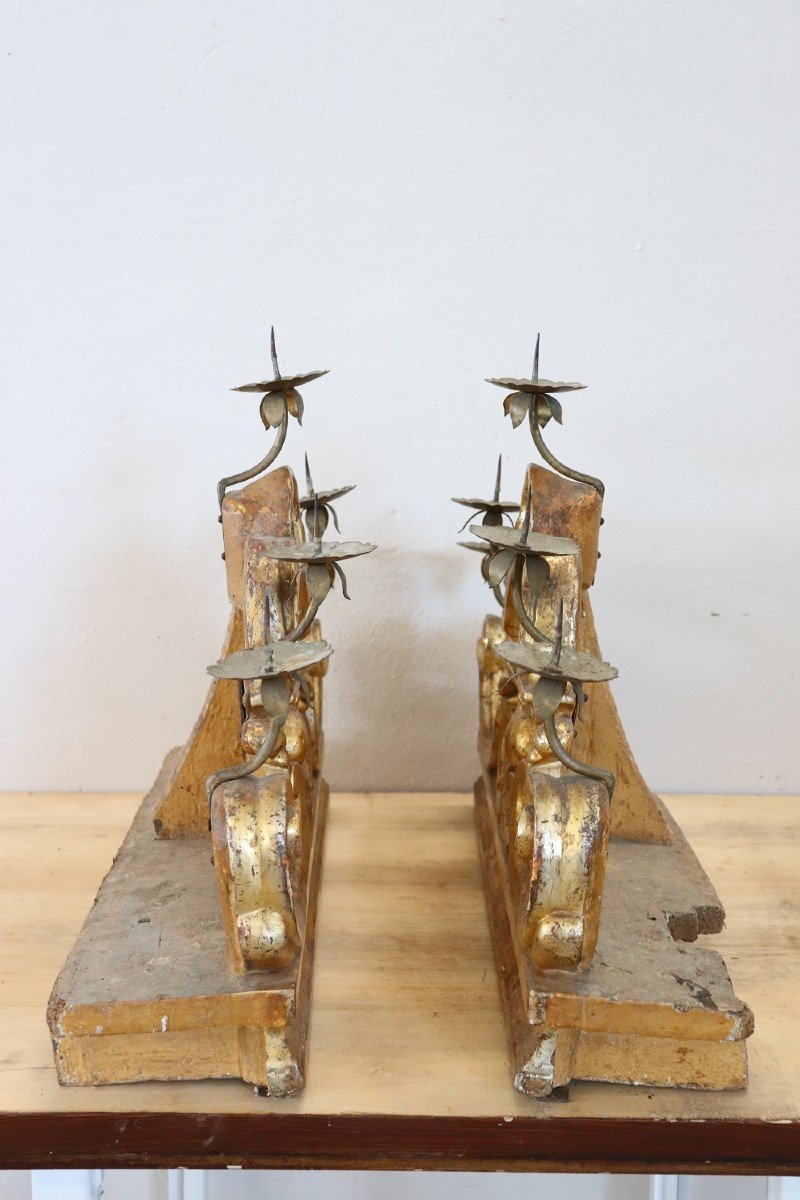 Antique Candleholders In Carved And Gilded Wood, 18th Century, Set Of 2-photo-8
