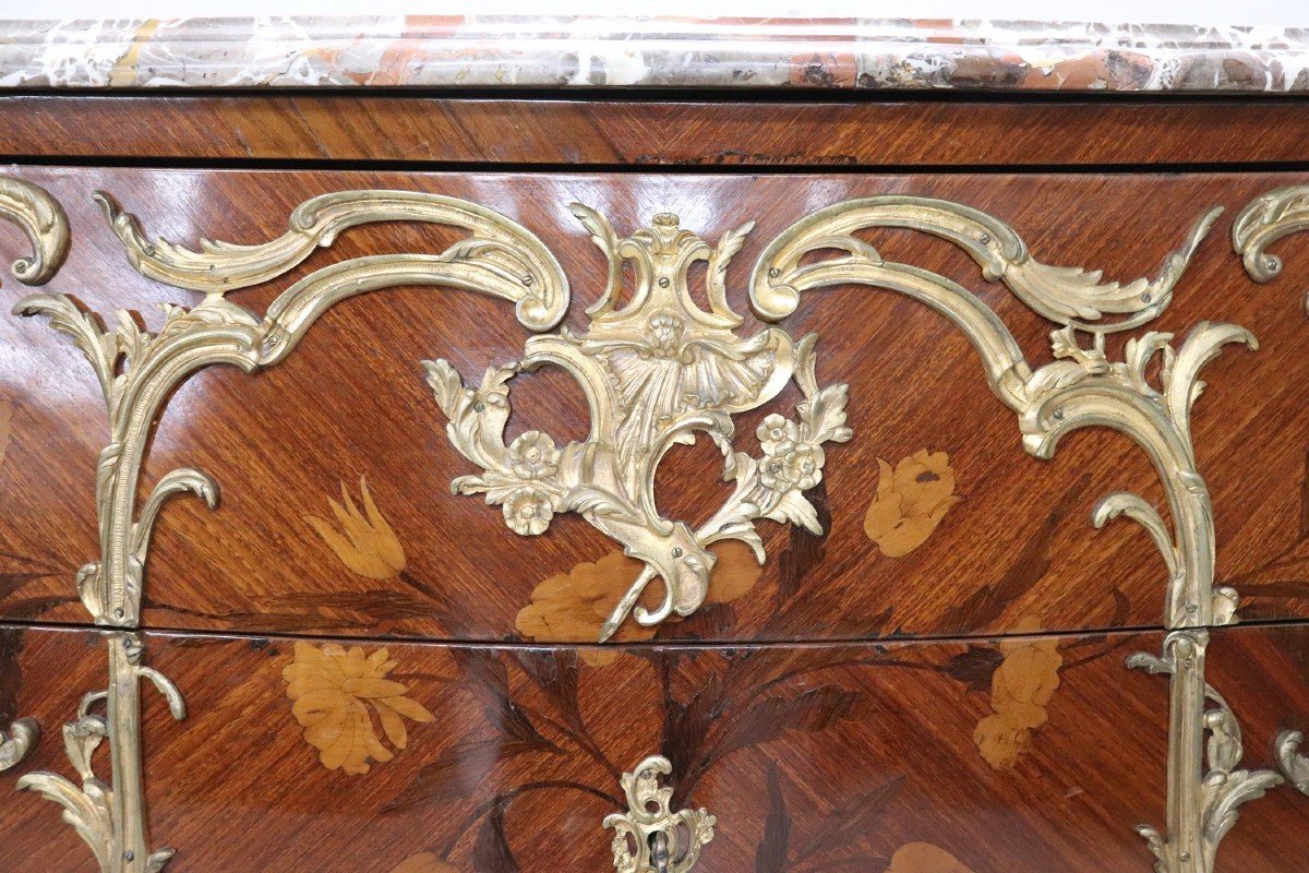 Antique Chest Of Drawers In Inlay Wood And Gilt Bronze With Marble Top-photo-4